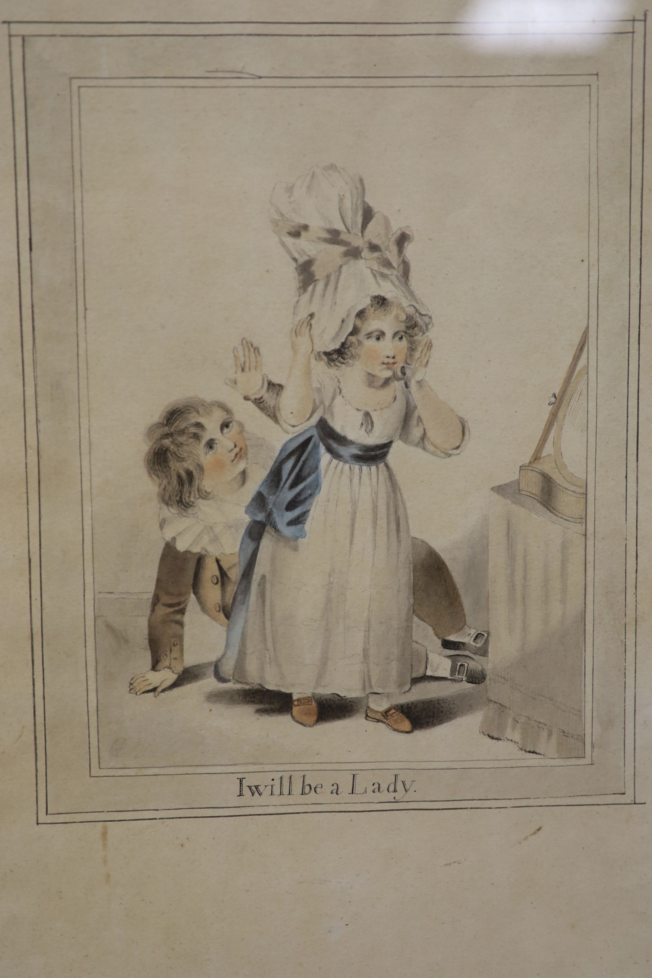 19th century English School, a pair of watercolour of children dressing up, ‘I will be a Lady’ & ‘I will be a Soldier’, 24 x 19cm, overall 39 x 26cm.